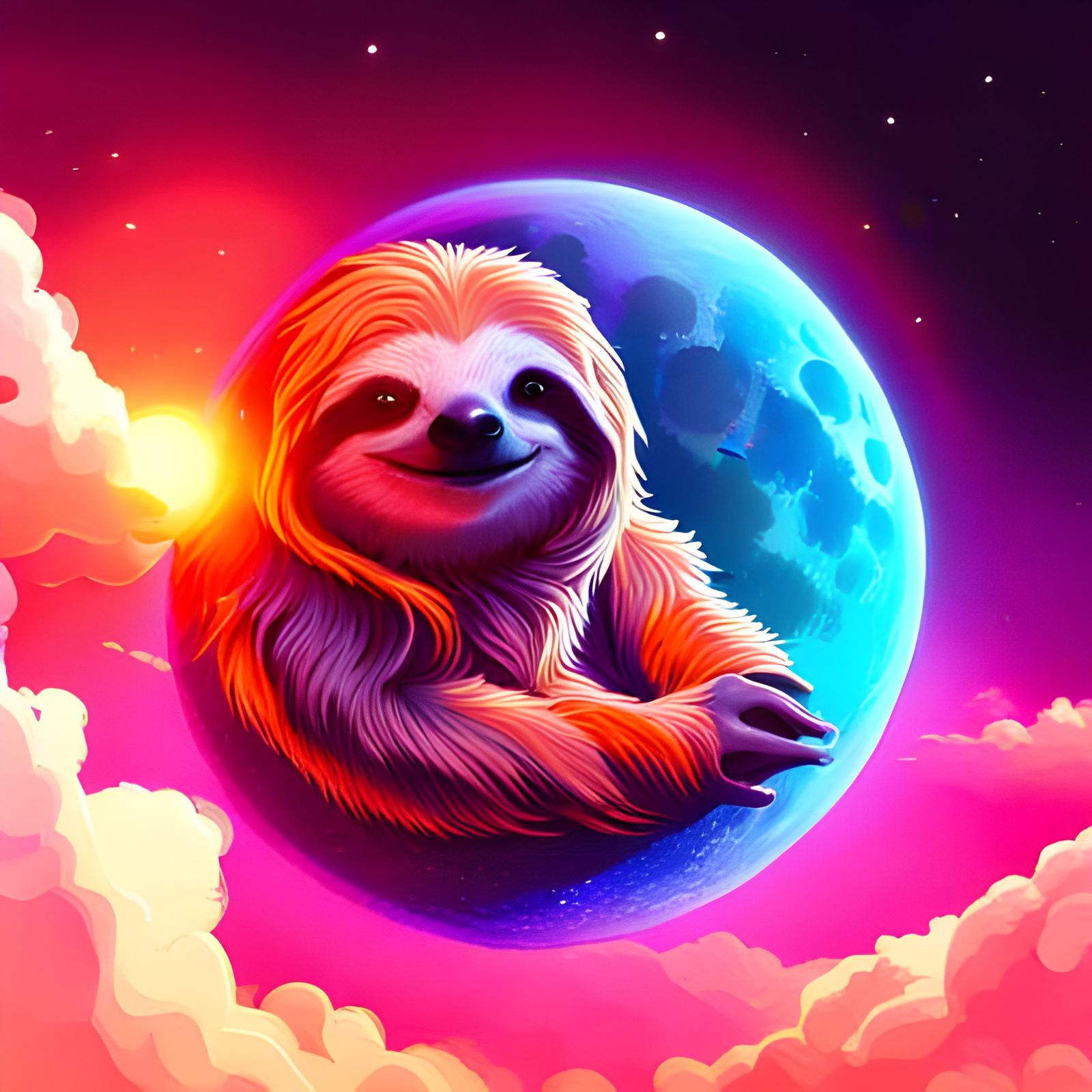 Sloth on the Moon in Synthwave Style