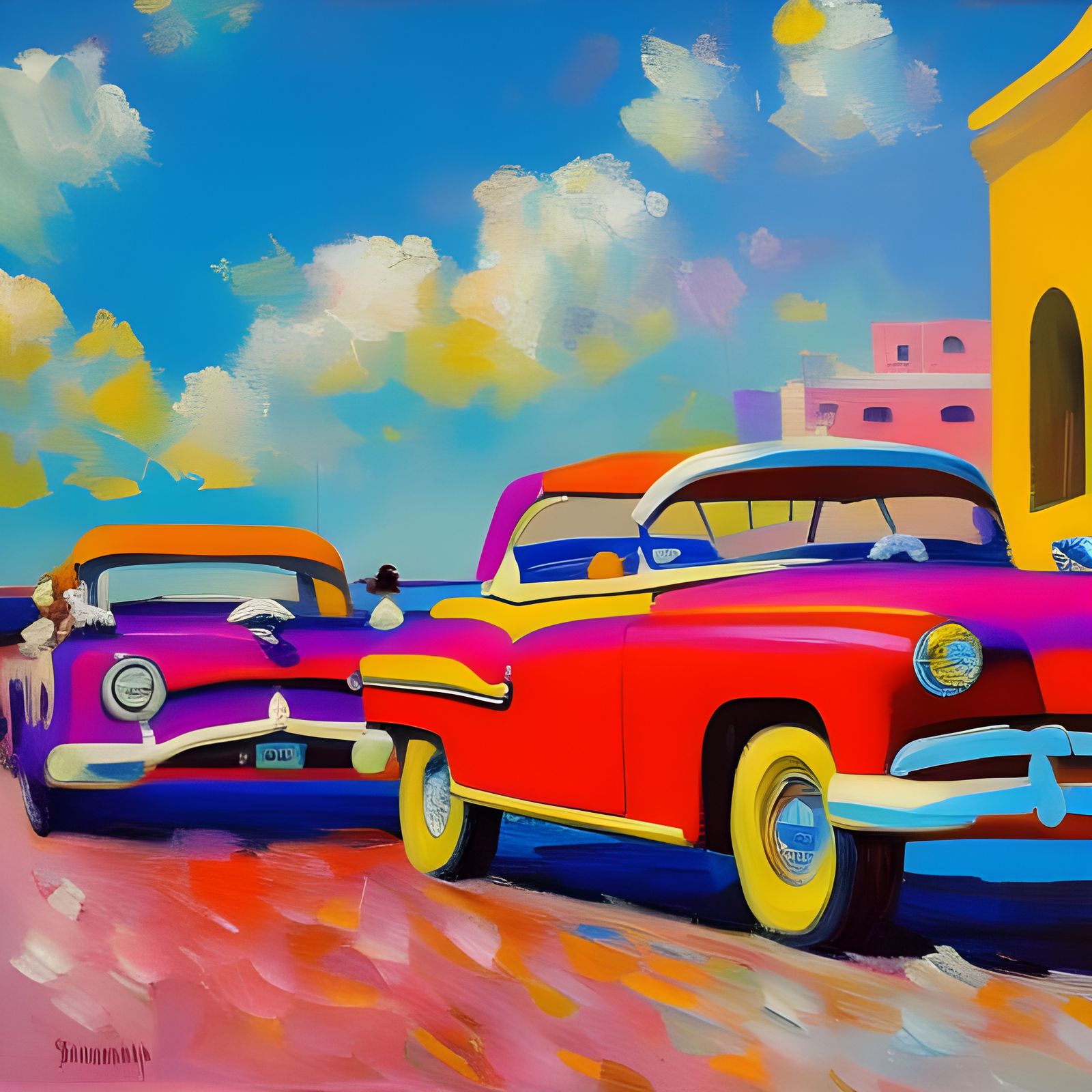 Havana Street Scene with Classic Cars, Impasto Painting