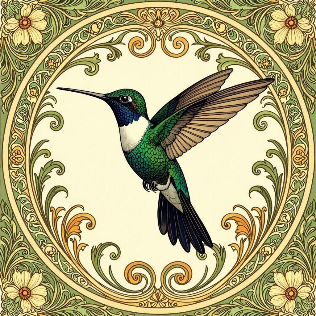 Art Nouveau Hummingbird in Flight