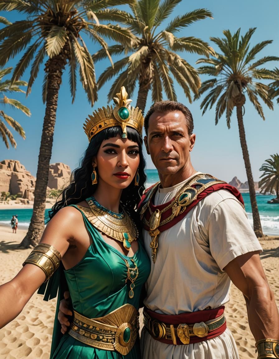 Humorous Selfie: Caesar and Cleopatra on Vacation