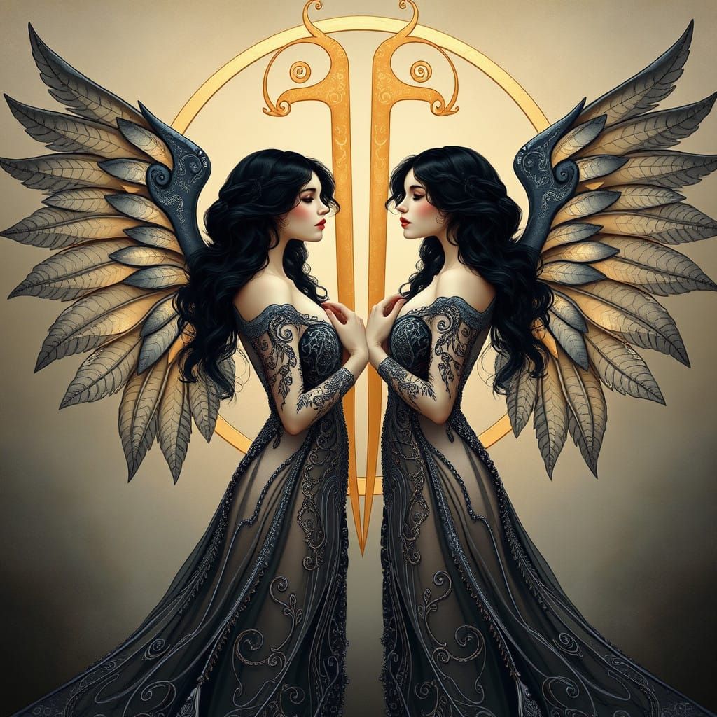 Ethereal Art Nouveau Portrait of Twin Sisters with Raven Win...