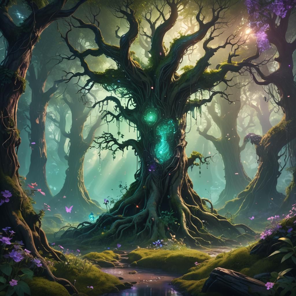 Mystical Being in Glowing Emerald Forest: Digital Art