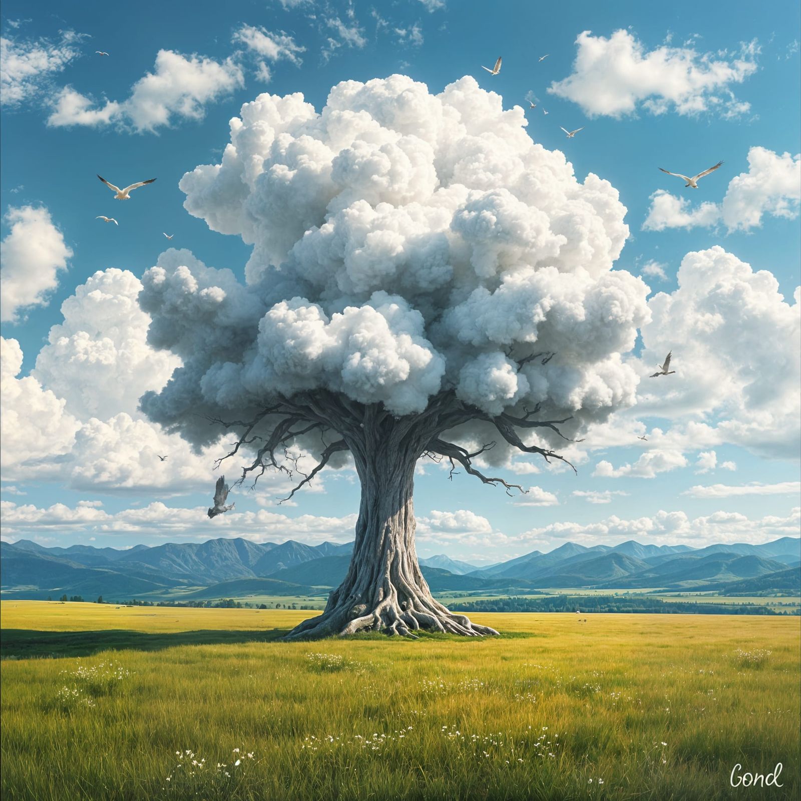 Whimsical Cloud Tree in a Serene Landscape