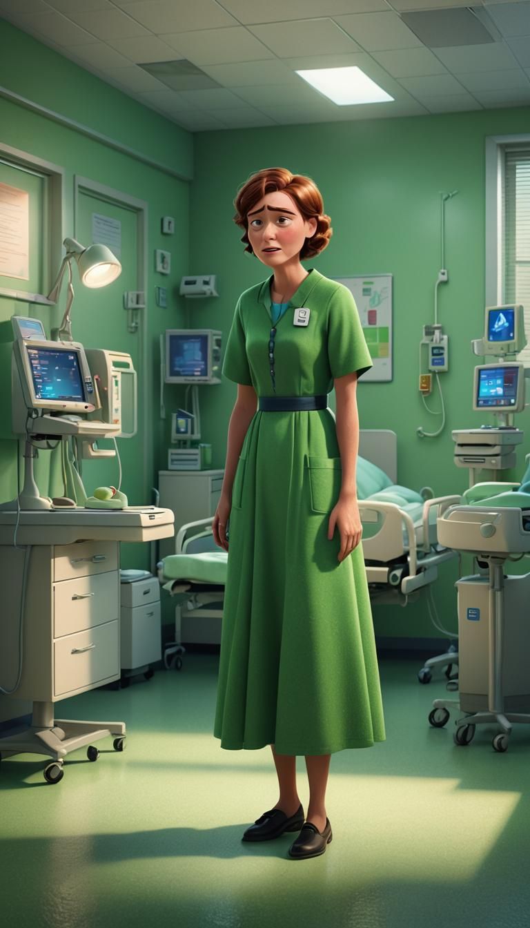 Woman Crying in Hospital, Pixar-Style 3D Render