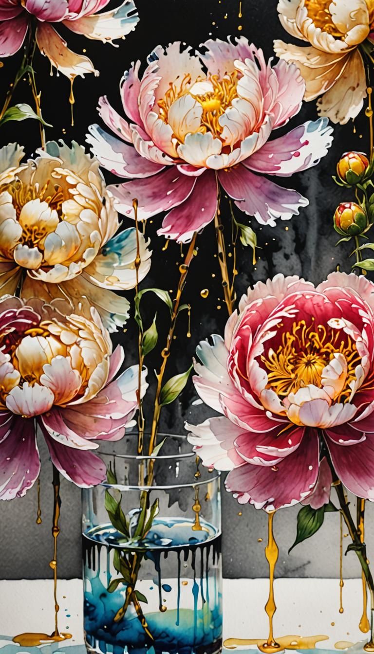 Glass Peonies Watercolor Masterpiece with Gold Accents