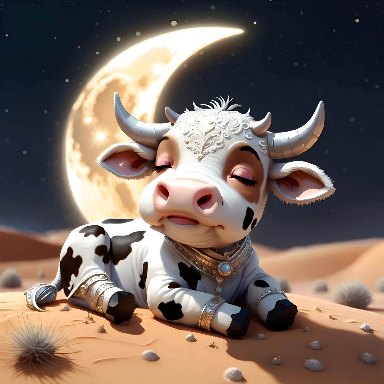Chibi Cow Asleep on the Moon: Detailed Digital Art