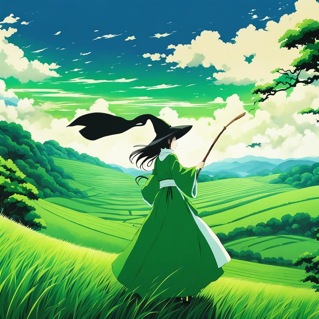 Anime Witch Casting Wind Spell in Green Landscape