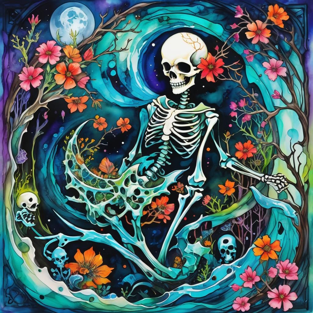 Mermaidpunk Skeleton in Frostcore Maze: Alcohol Ink Painting