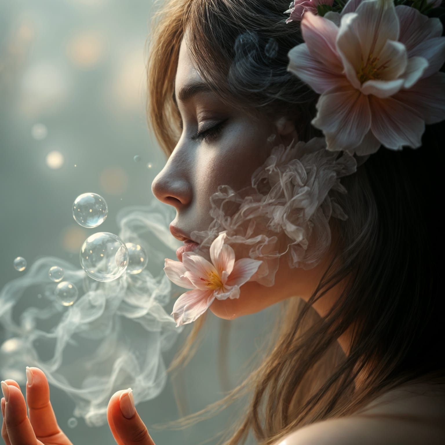 Ethereal Woman with Smoky Flowers in Pastel Colors