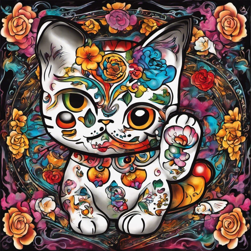 Day of the Dead Maneki Neko in Graffiti Style