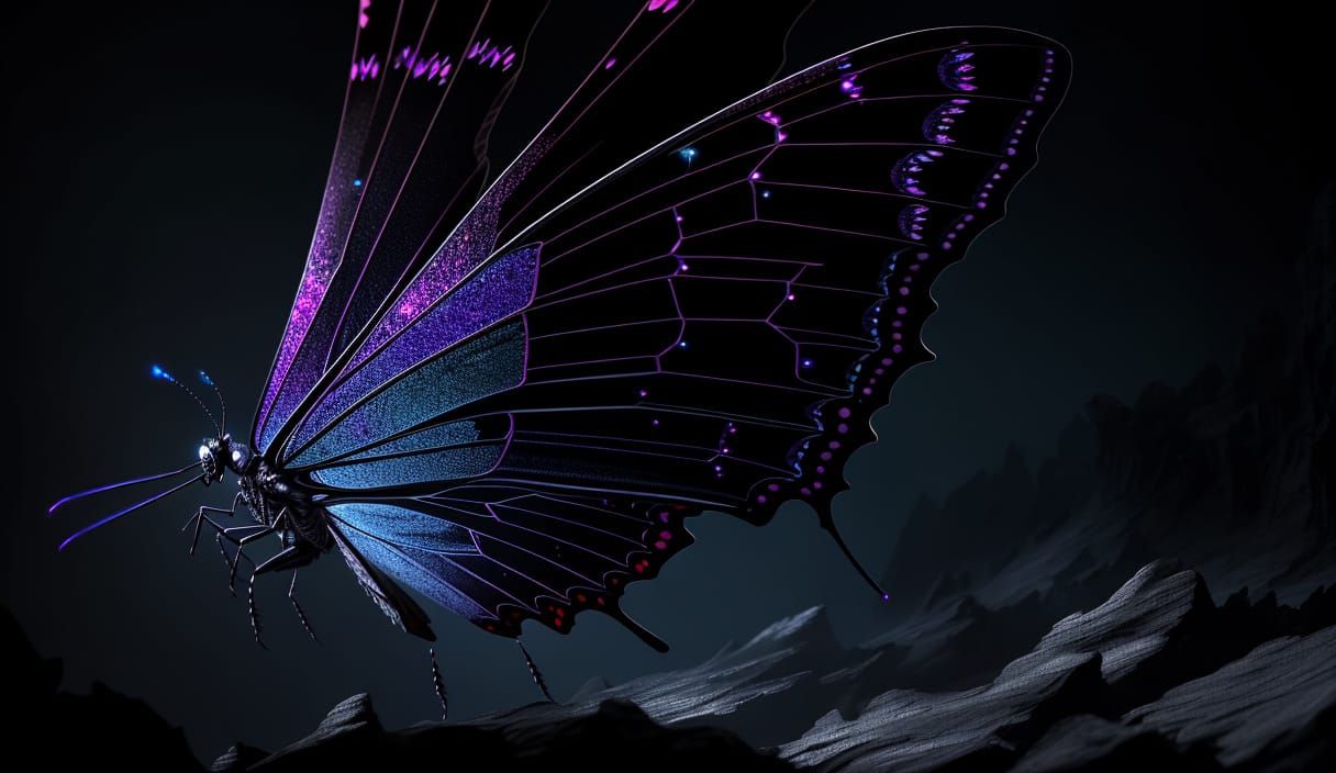 Iridescent Black Butterfly in a Crystal Cave