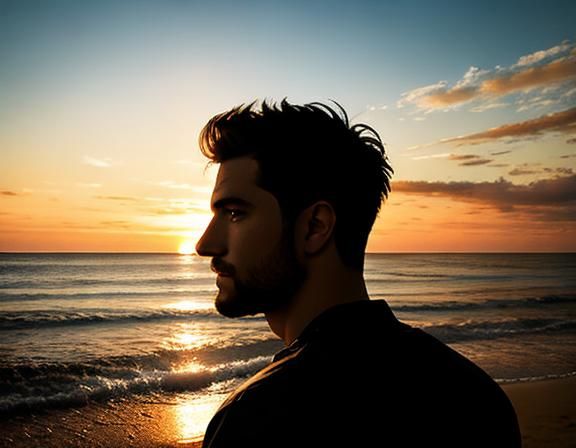 Double Exposure Portrait: Man and Sunset Beach