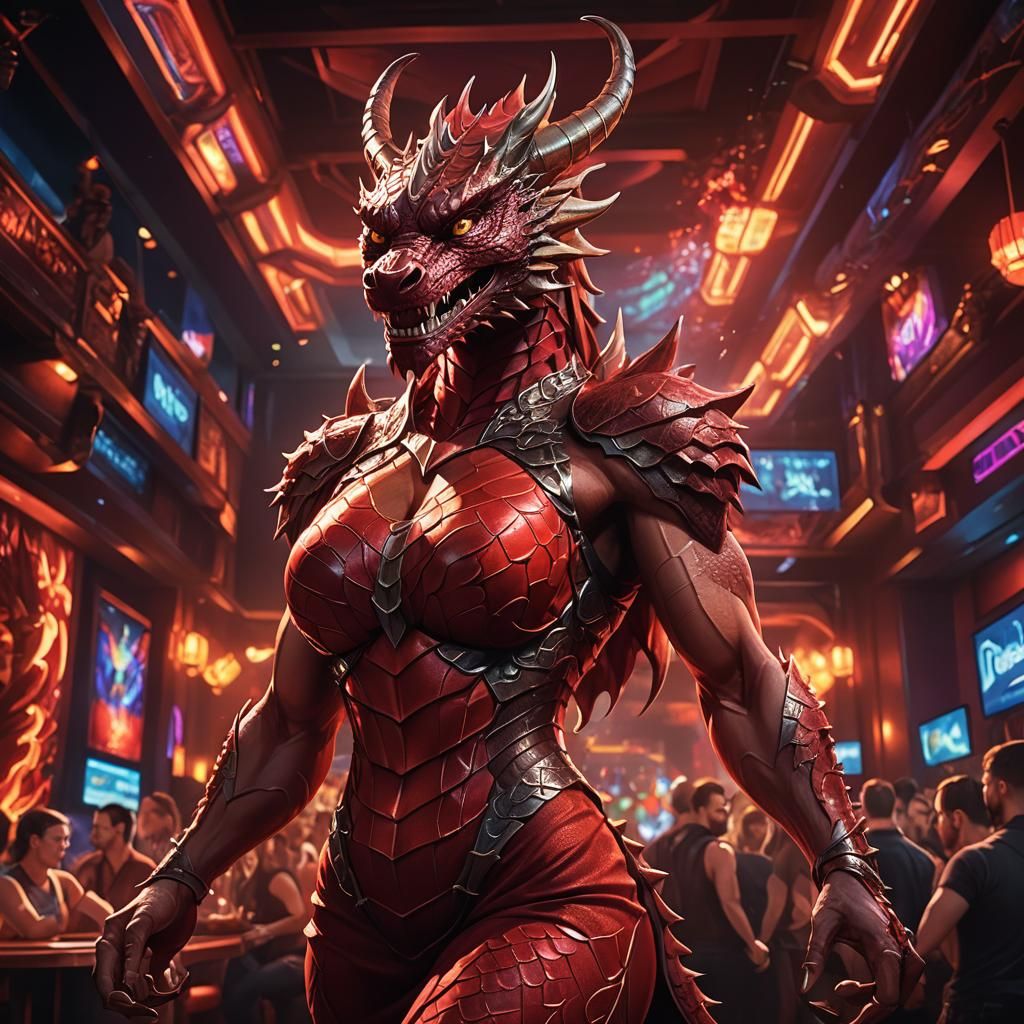 Anthropomorphic Dragon Woman in Nightclub, Fantasy Art