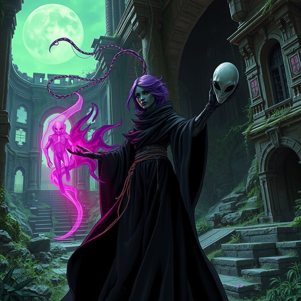 Cyborg Witch Summons Alien Spirit in Temple Ruins