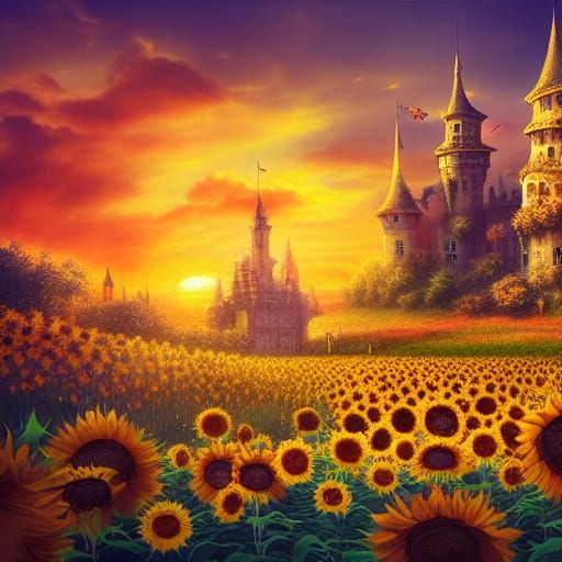 Orange Sunset Castle with Sunflower Fields