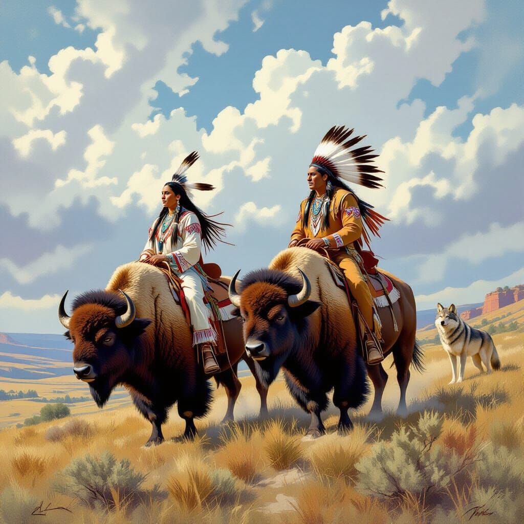 Native Americans Ride Buffalo Across Plains with Wolf Watchi...