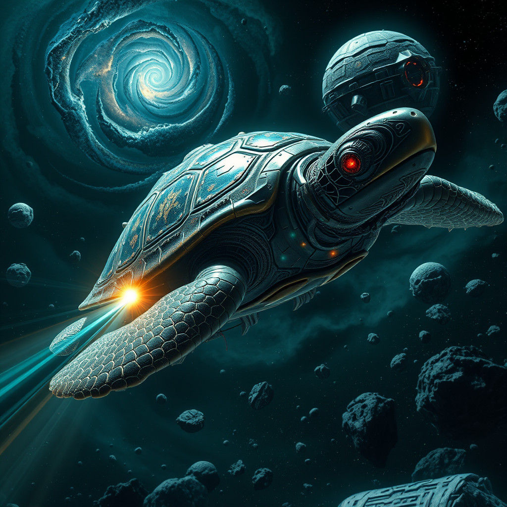 Extraterrestrial Biomechanical Turtle Drifting Through Space