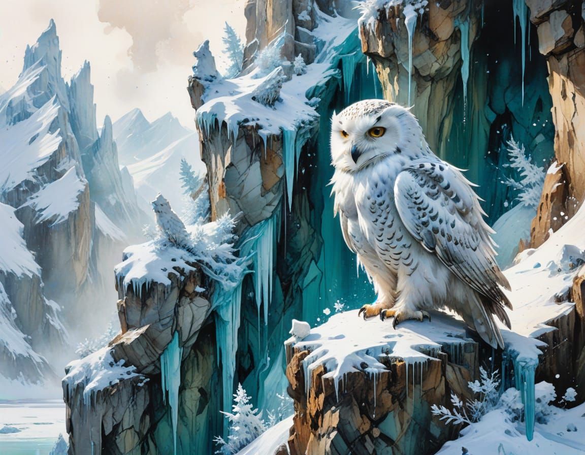 Glacial Ice Canyon with Snowy Owl in Watercolour Style