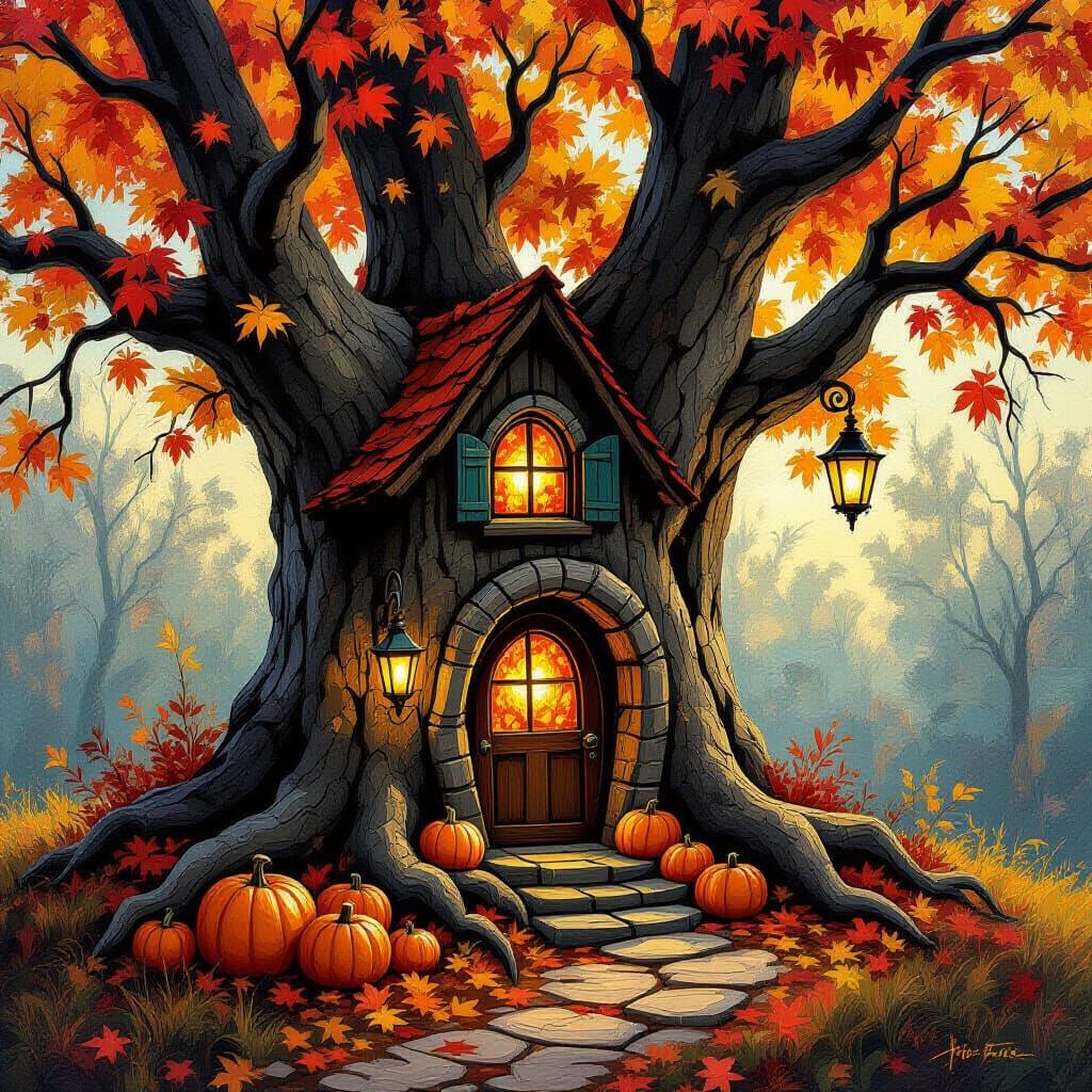Autumn Treehouse Lodge with Lanterns and Swirling Leaves