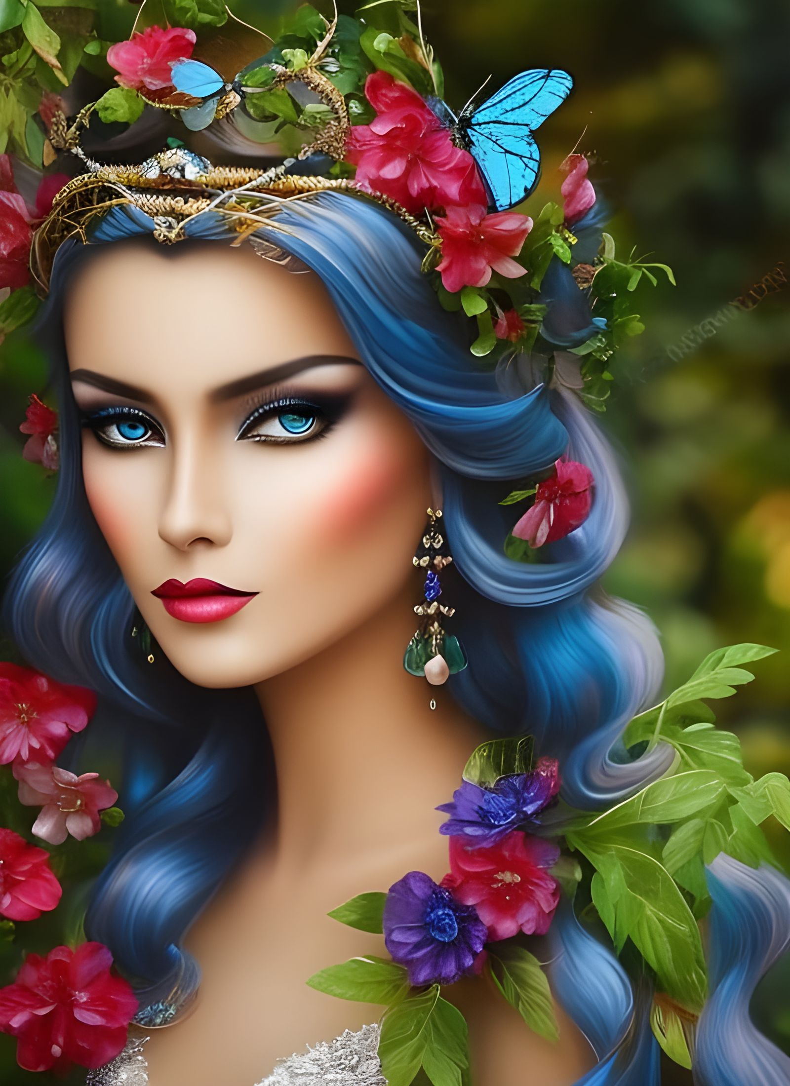 gorgeous Lady, a crown of stunningly realistic blue butterflies in her hair, stunningly realistic butterfly earrings, sp...
