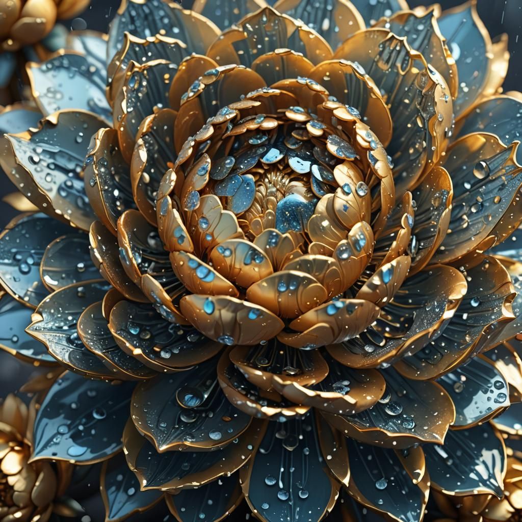 Golden Peony with Crystal Raindrops in Sci-Fi Style