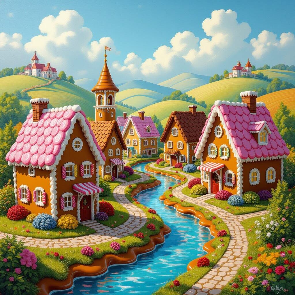 Gingerbread Village with Candy Windows, Digital Painting
