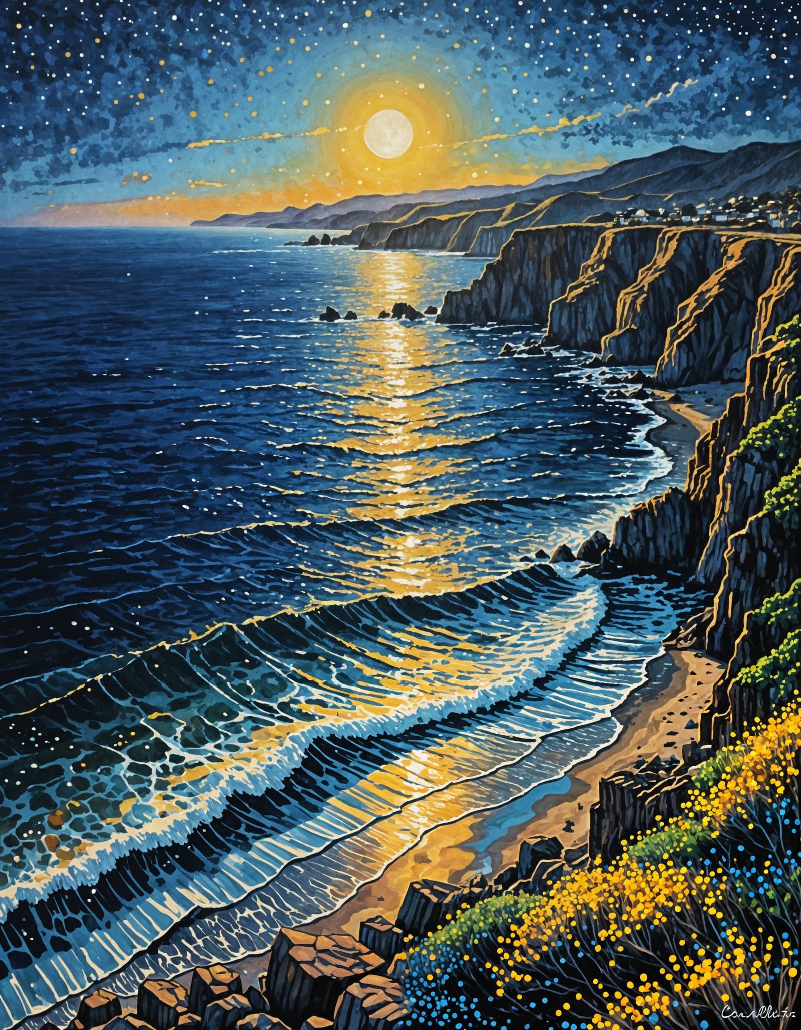 Pointillist Moonrise Over Rough Sea Landscape
