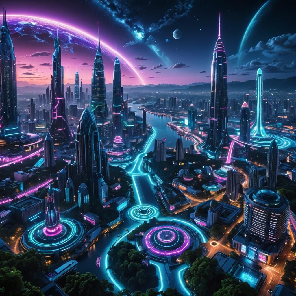 Futuristic Alien Capital City at Night in Cyberpunk Style