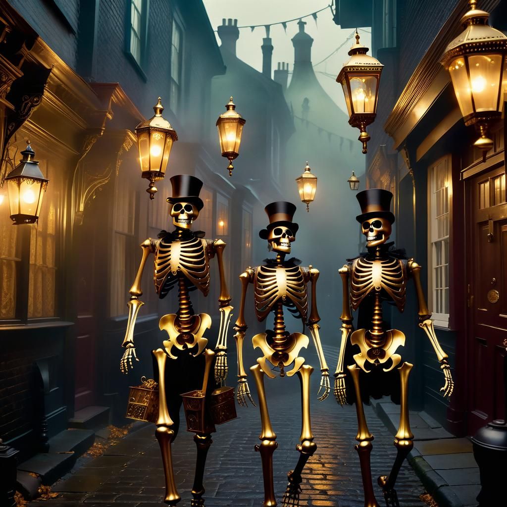Steampunk Skeletons Trick-or-Treating in Victorian Alley