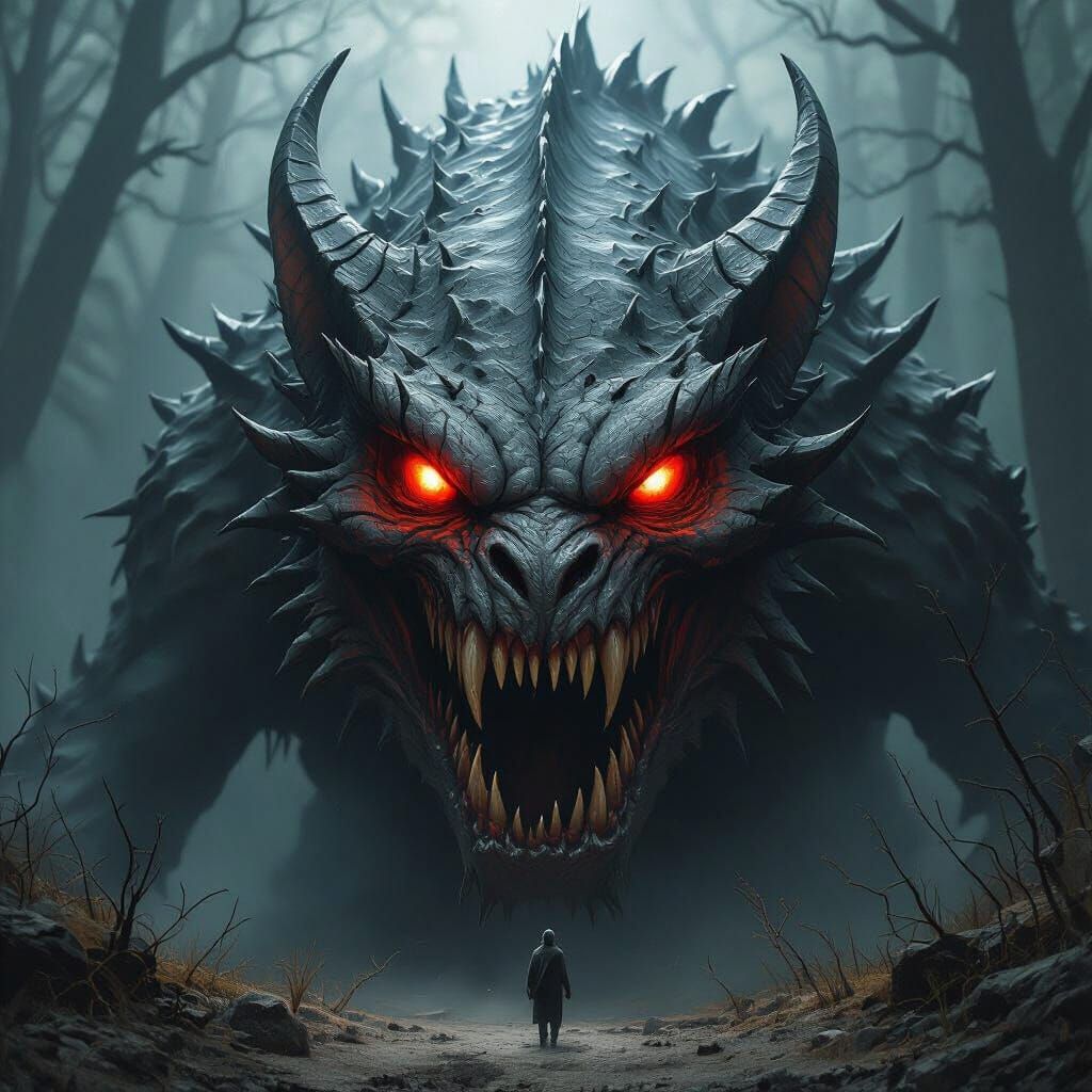 Terrifying Beast with Glowing Eyes in Surreal Style