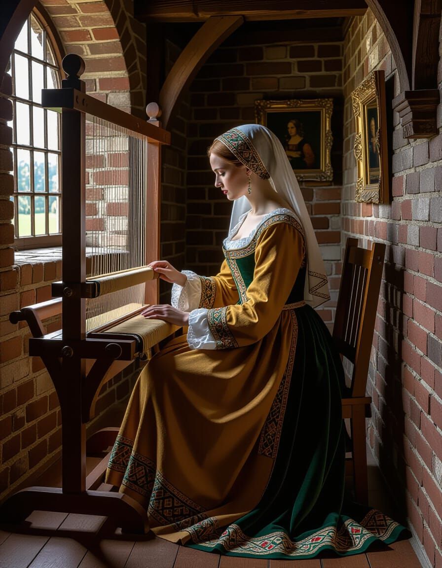 Medieval Lady Working at Loom in Tower Room