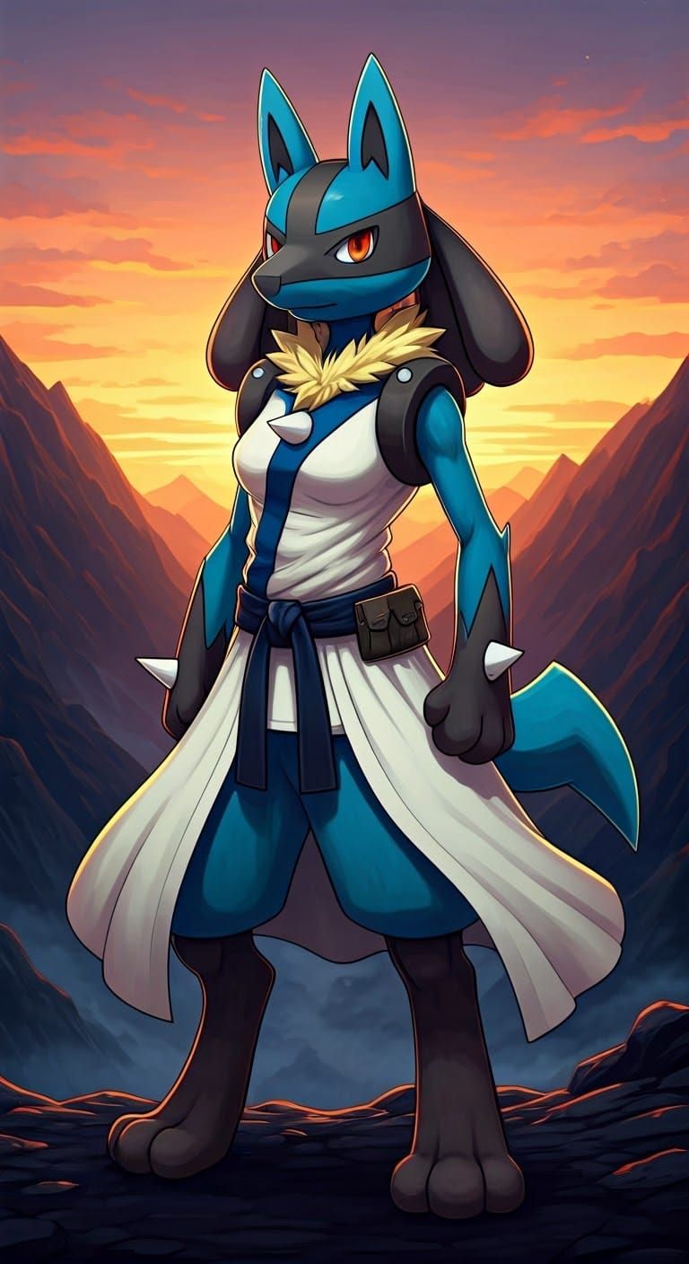 Feminine Lucario Warrior in Ethereal Mountain Landscape