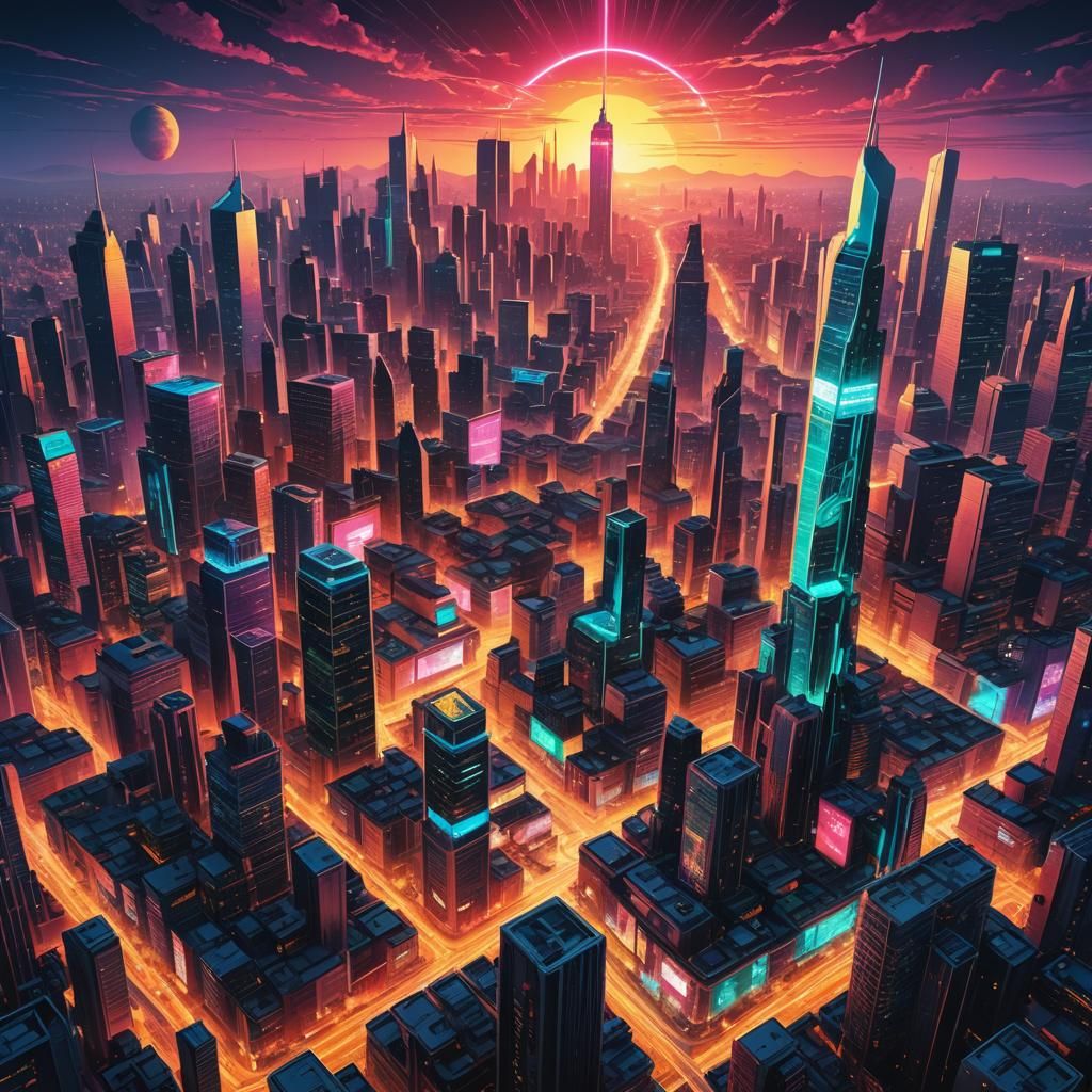 Luminescent City in Field: a Synthwave Neon Retro Illustrati...