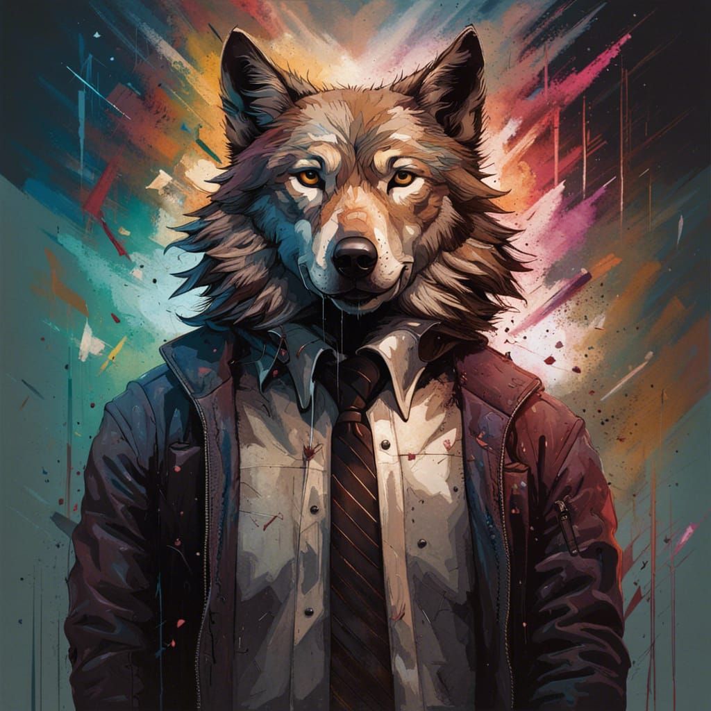 Colorful Wolf Portrait in Volumetric Lighting Style