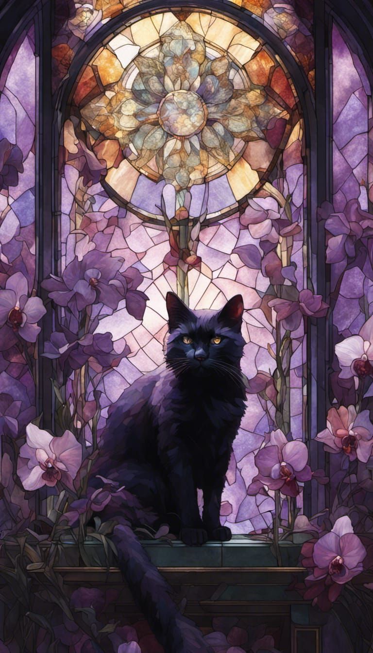 Stained Glass Black Cat and Orchids