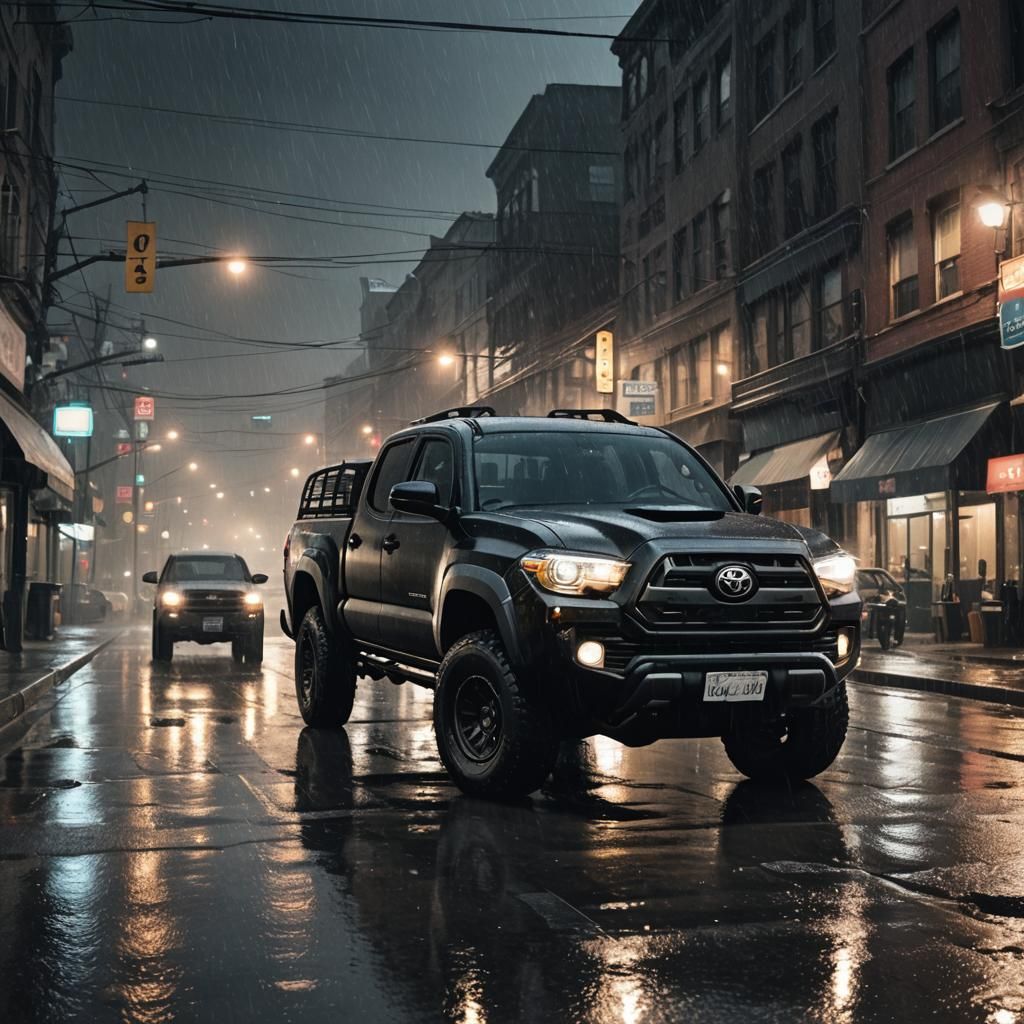 Toyota Tacoma on Wet City Street at Night