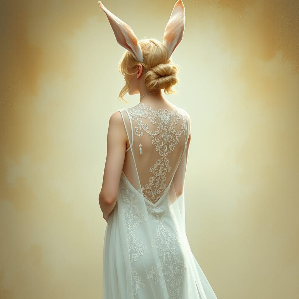 Ethereal Bunny Goddess in Flowing White Gown