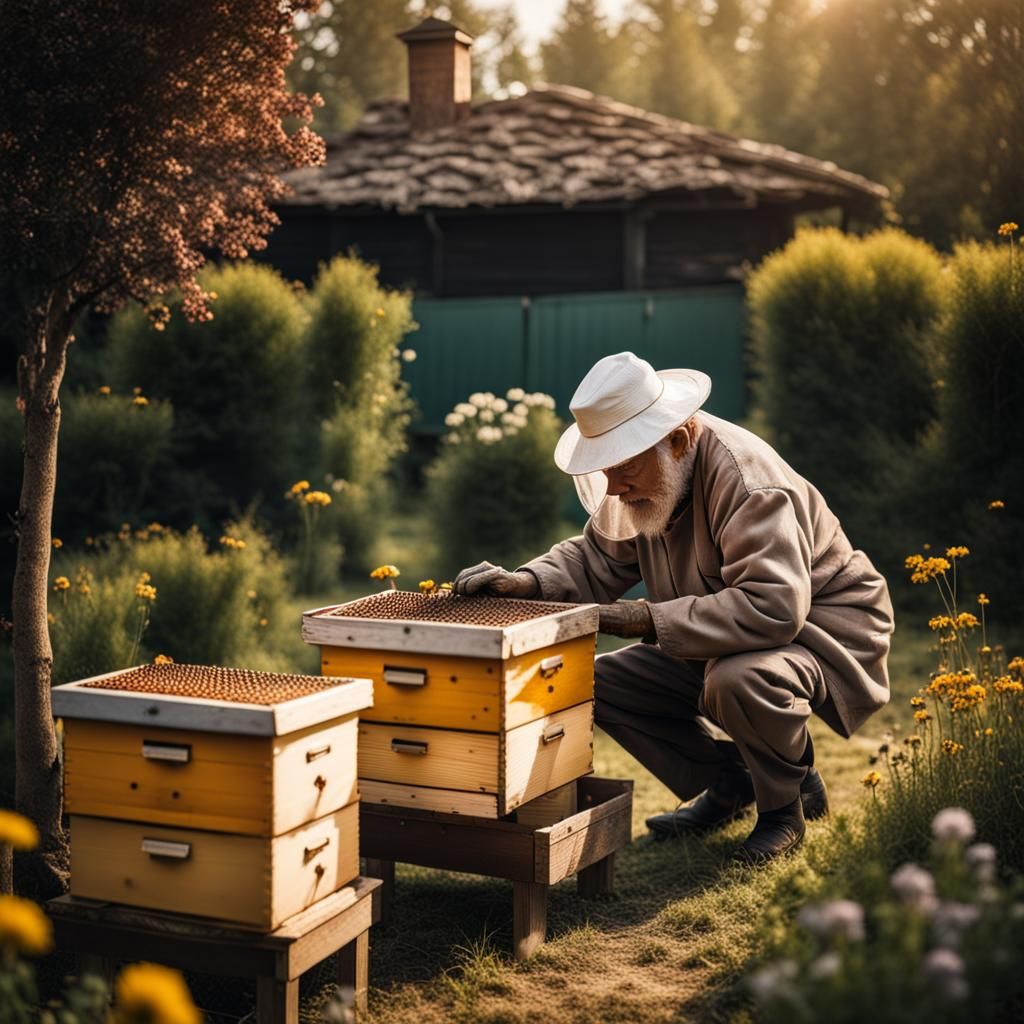 Hyperrealistic Beekeeper in a Sunny Garden