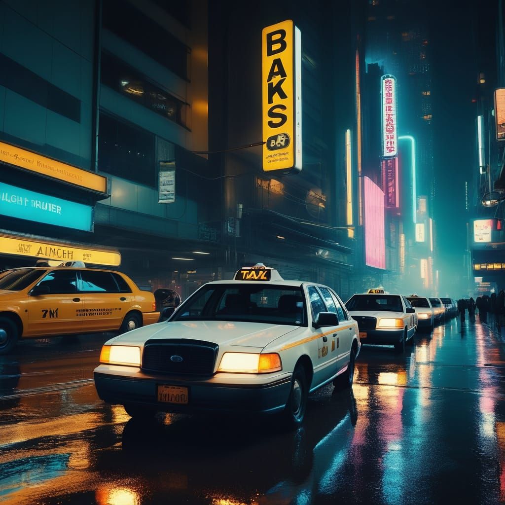 Retro Futuristic Taxi Rank at Night