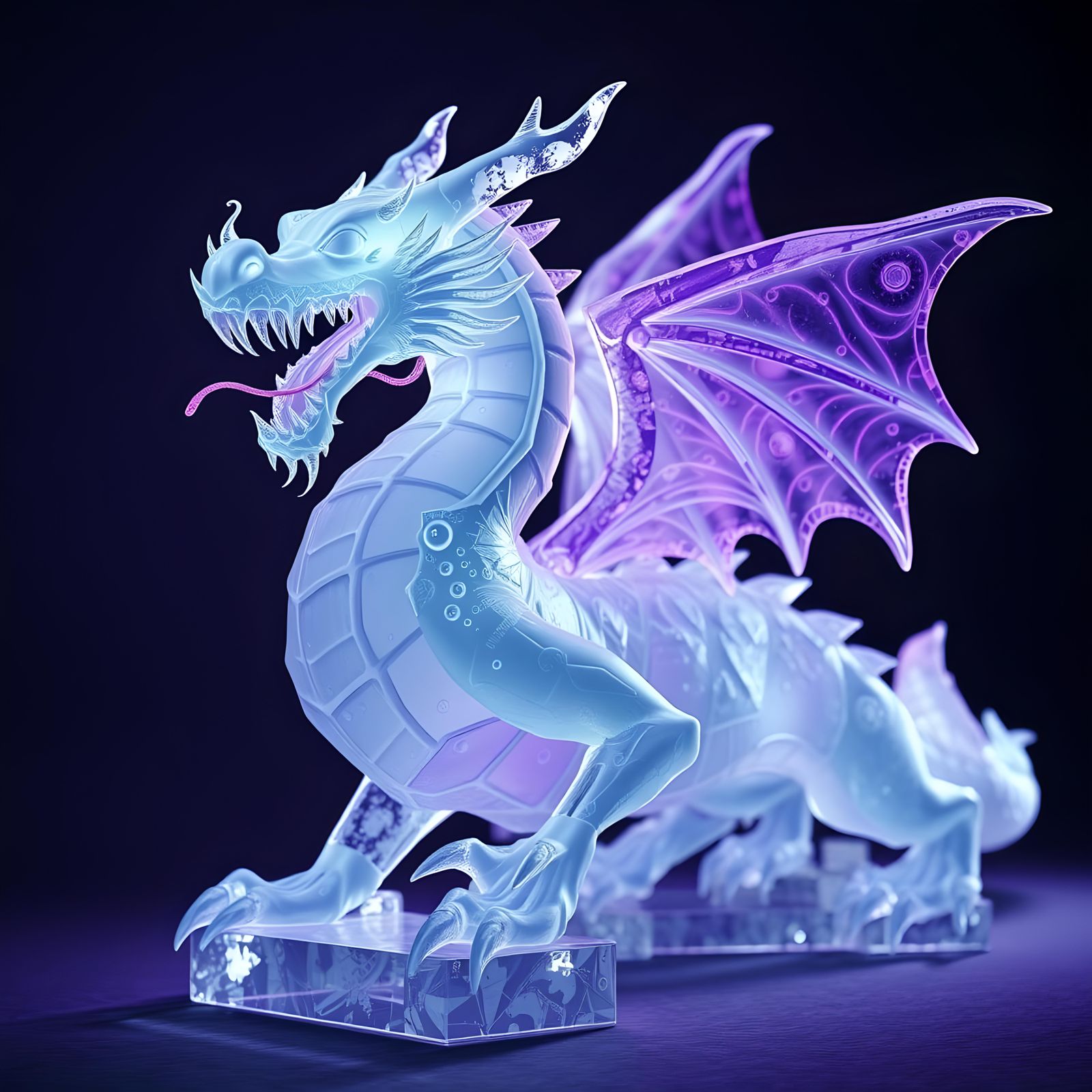 Dramatic Ice Dragon Sculpture with Purple Backlight