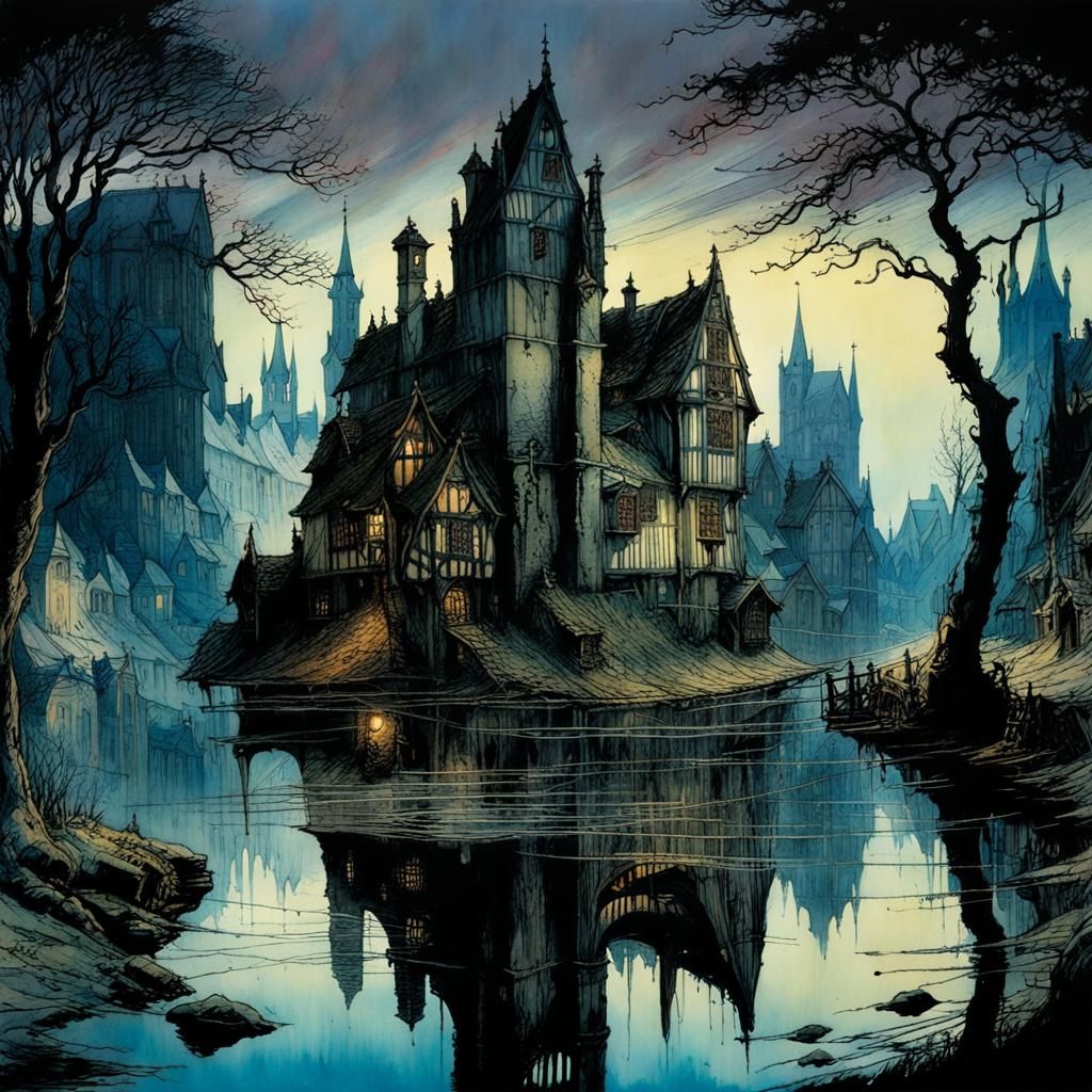 Mysterious Medieval Town in Detailed Illustration
