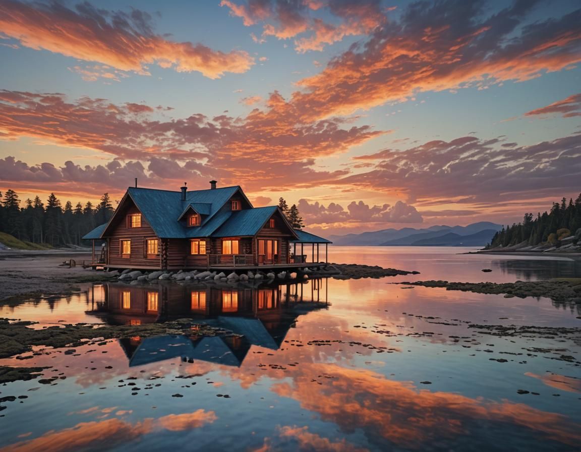 Cozy Cabin by the Sea at Sunset