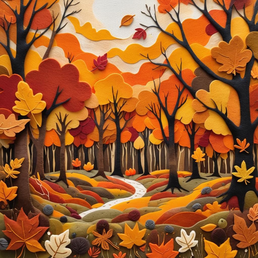 Vibrant Felt Artwork of Autumn Forest