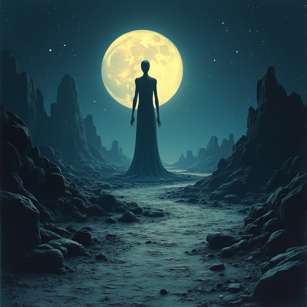 Ethereal Lunar Figure in Dark Biomechanical Style
