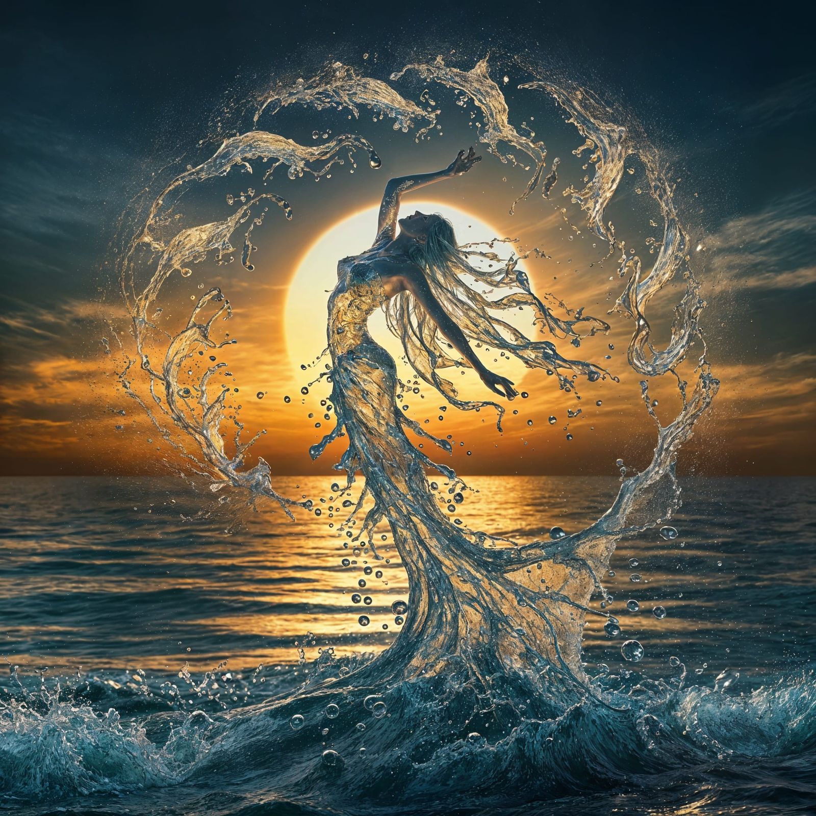 Water Mermaid Dancing at Sunset Over Tranquil Sea
