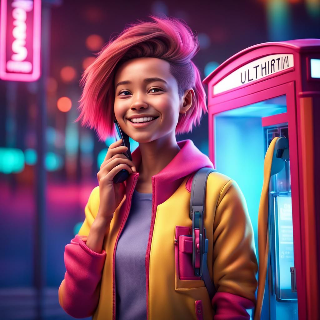 Smiling Girl by Phone Booth in Bright 3D Digital Art