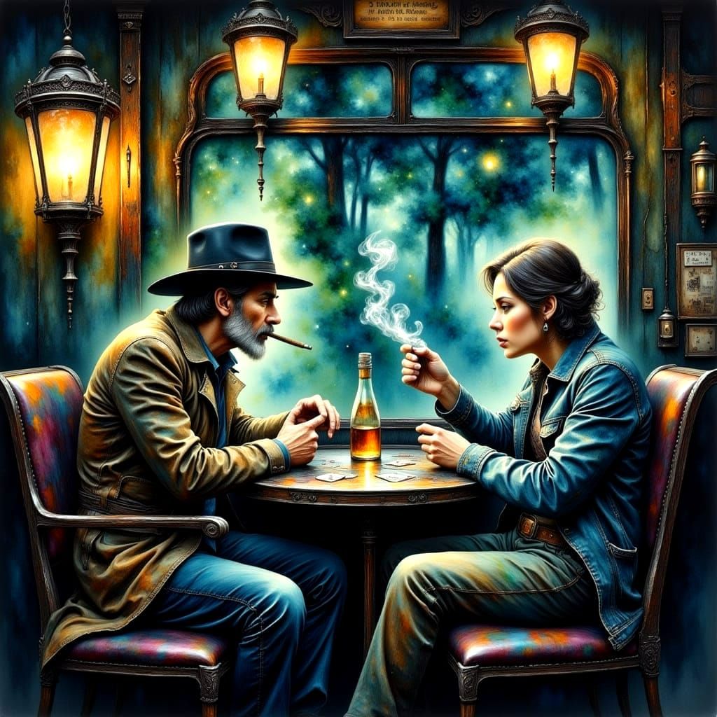 A Gambler's Wisdom in a Train Car, As an Impasto Oil Paintin...