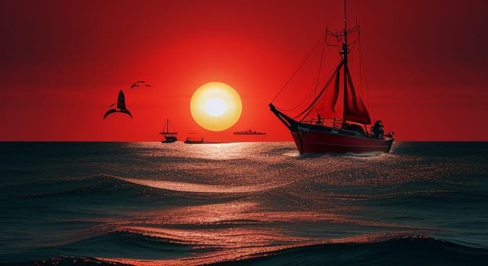 Surreal Red Sunset Over Sea With Fishing Boat