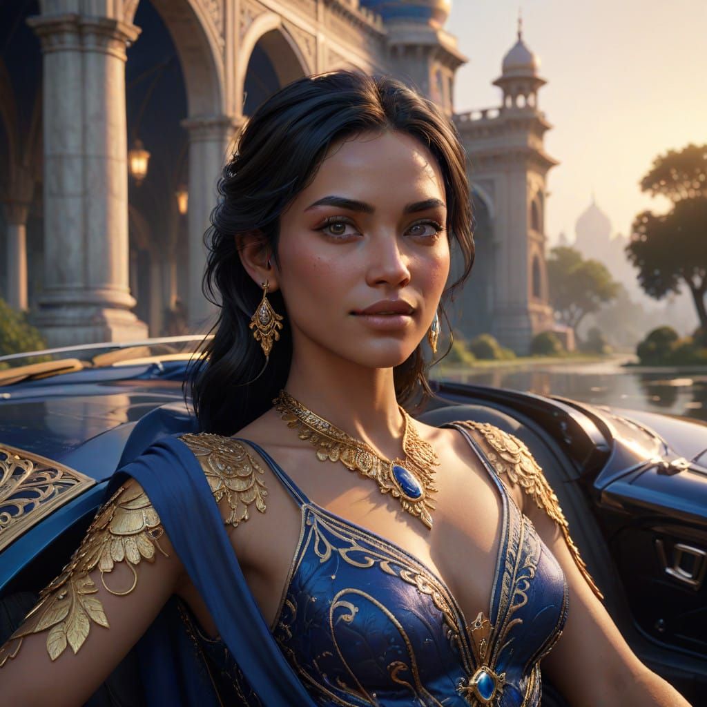 Luxurious Amazonian Goddess in Matte Black Supercar