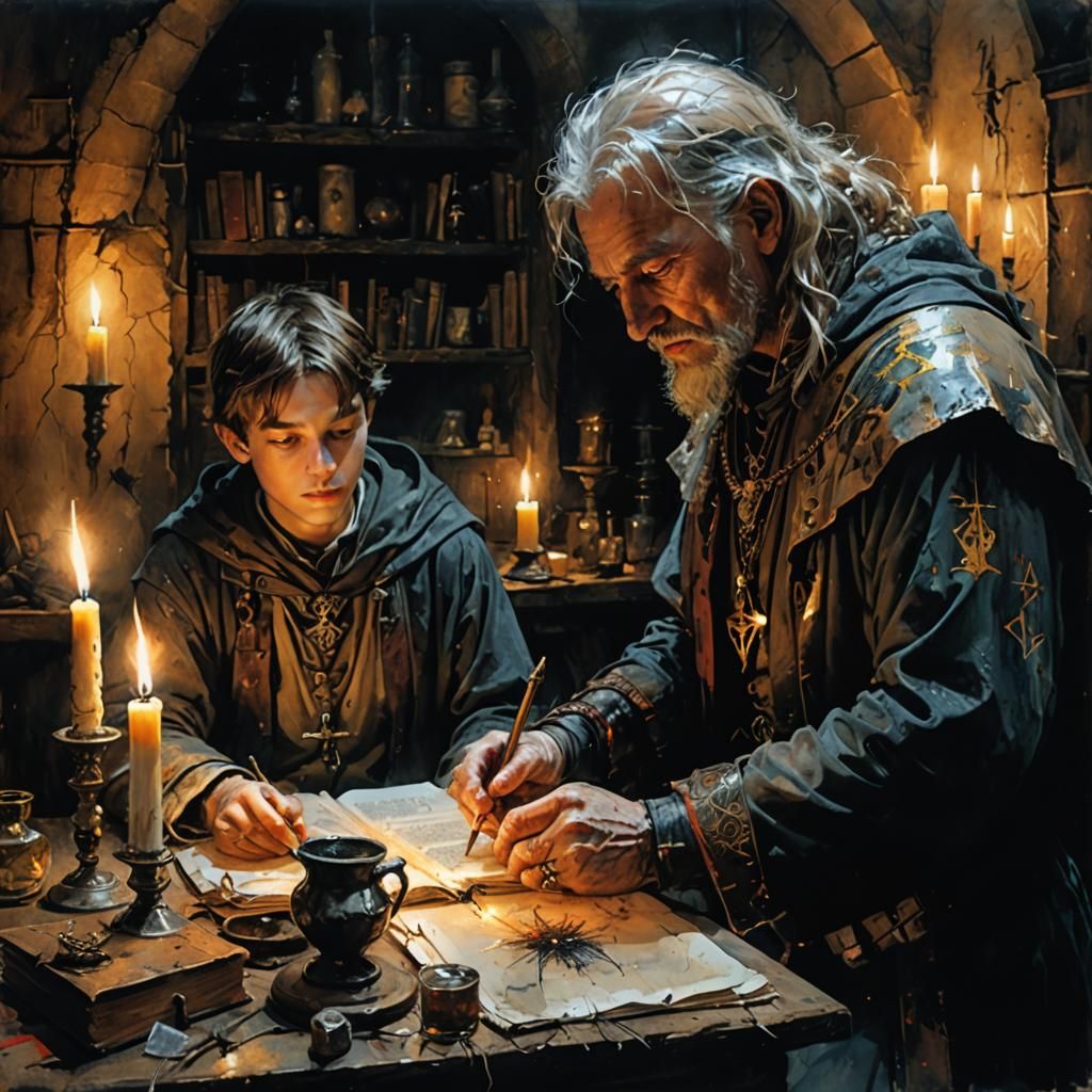 Sorcerer Teaching Spell in Medieval Lair